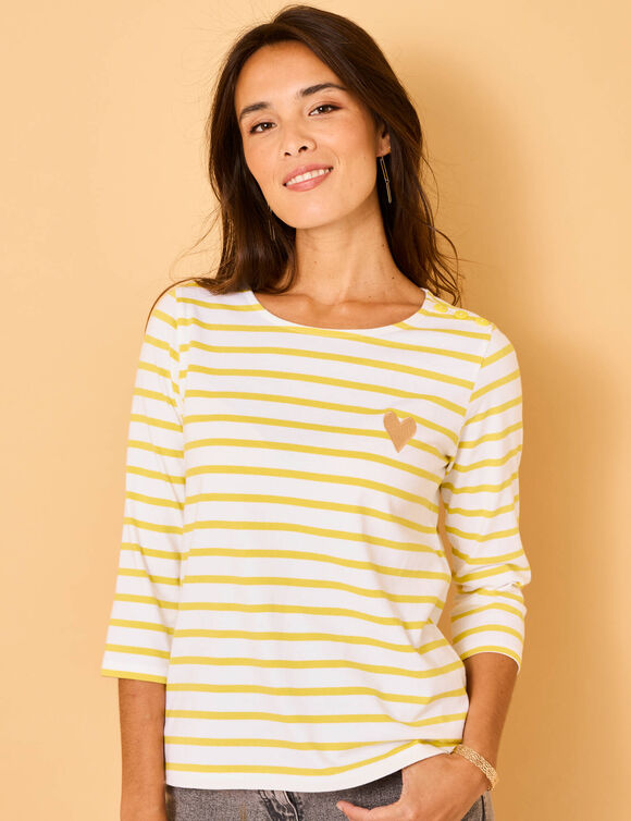 T-shirt marinière broderie coeur doré en coton biologique(**) (blanc / anis) T-shirt marinière broderie coeur doré en coton biologique(**) (blanc / anis)